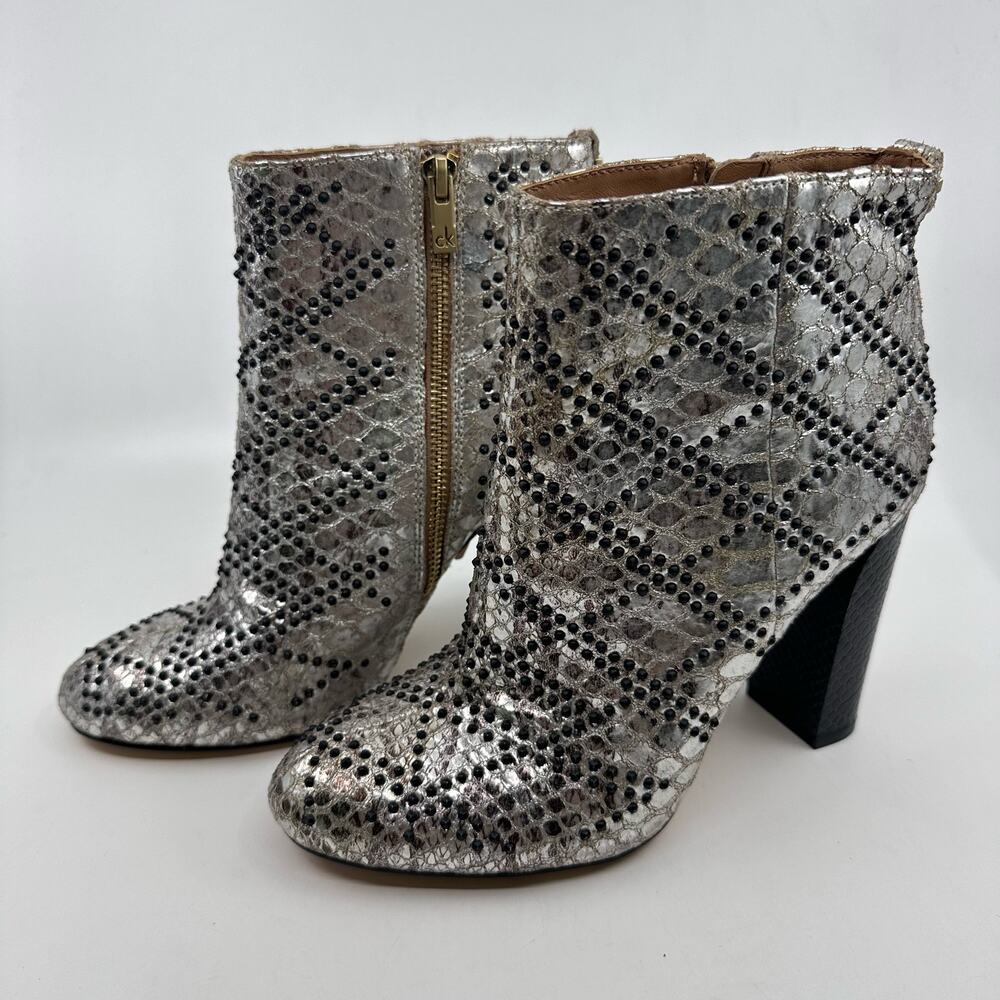 Calvin Klein 'Jamine' Studded Booties/Heels 34E2666 Zip-Up Women's US 7.5 Silver
